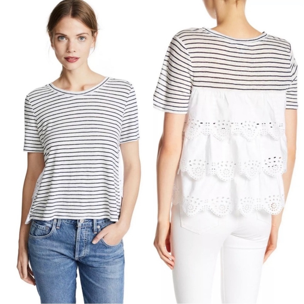 Joie Linen Stripe Top Eyelet Scallop Hem Navy White Short Sleeve Crewneck
